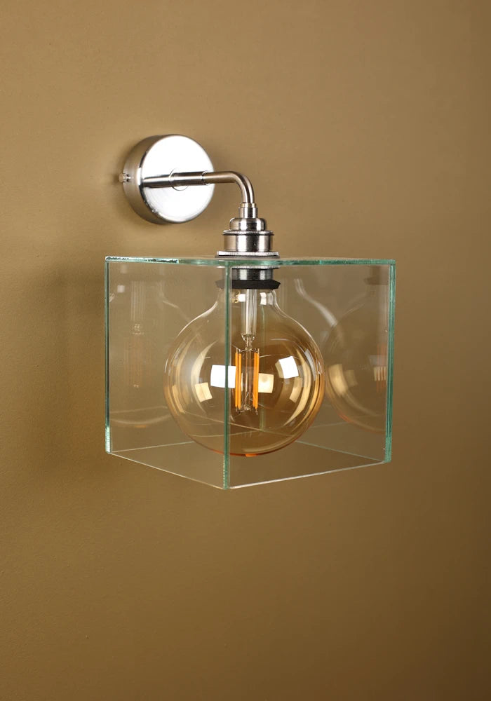 Elegant square glass IP44 bathroom wall light with nickel fixtures 