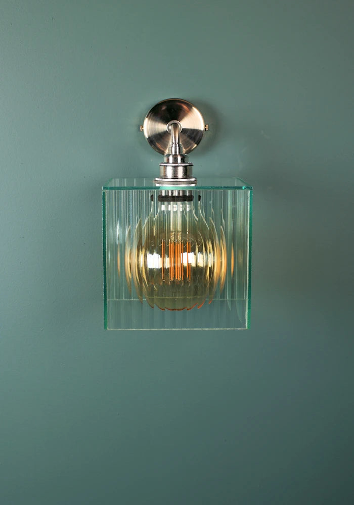 Elegant square ribbed glass IP44 bathroom wall light with nickel fixture