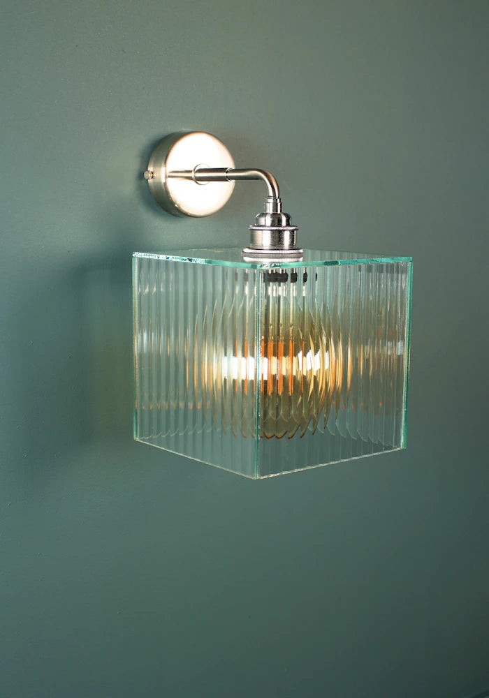 Elegant square ribbed glass IP44 bathroom wall light with nickel fixture