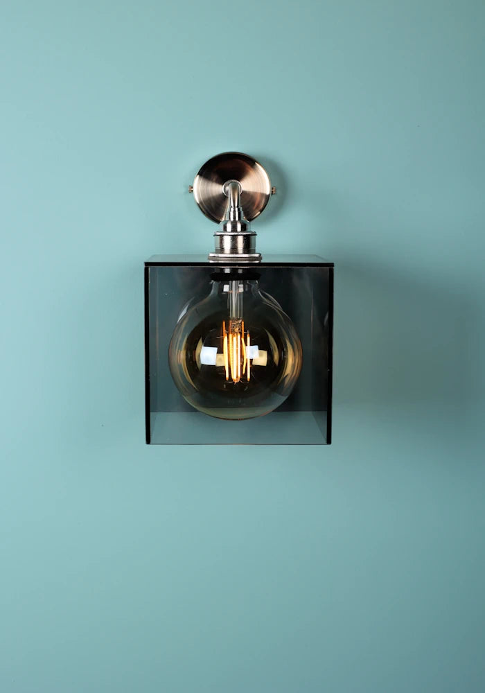 Elegant square smoked glass IP44 bathroom wall light with nickel fixtures