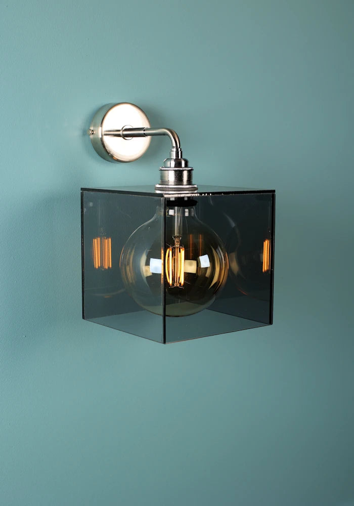 Elegant square smoked glass IP44 bathroom wall light with nickel fixtures