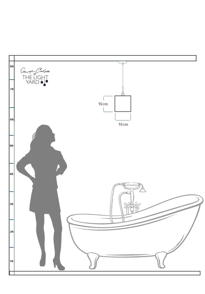 Data sheet with sketch of woman looking up at square bathroom pendant light