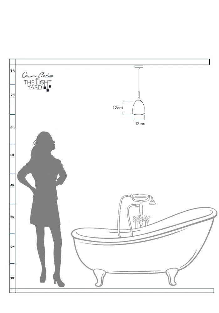 Data sheet sketch of woman looking up at conical bathroom pendant light.