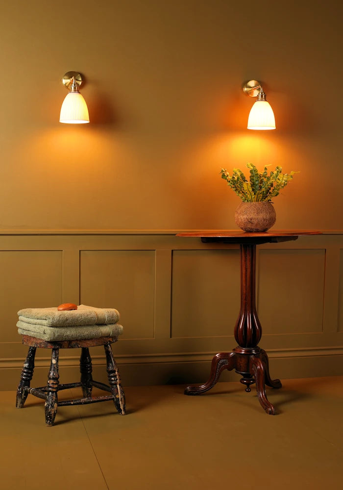 Elegant small ceramic IP44 bathroom wall light, bath towels, pot plant 