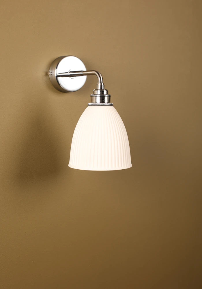 Elegant small ceramic IP44 bathroom wall light with nickel fixtures
