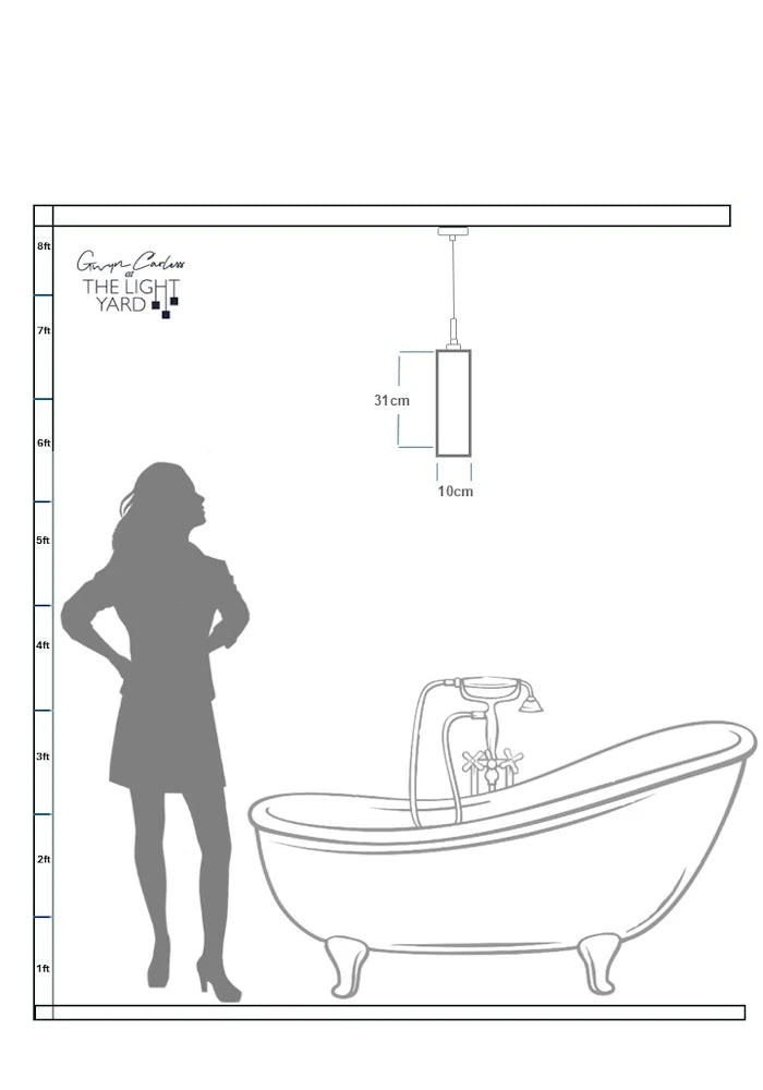 Data sheet with sketch of woman looking up at medium size rectangular bathroom pendant light 