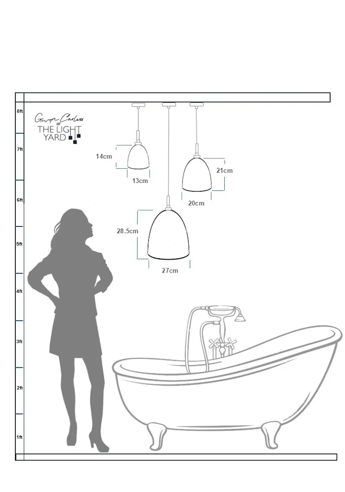 Data sheet with sketch of woman looking up at 3 pendant lights