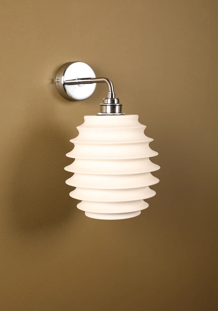 Elegant concertina style ceramic IP44 bathroom wall light with nickel fixtures