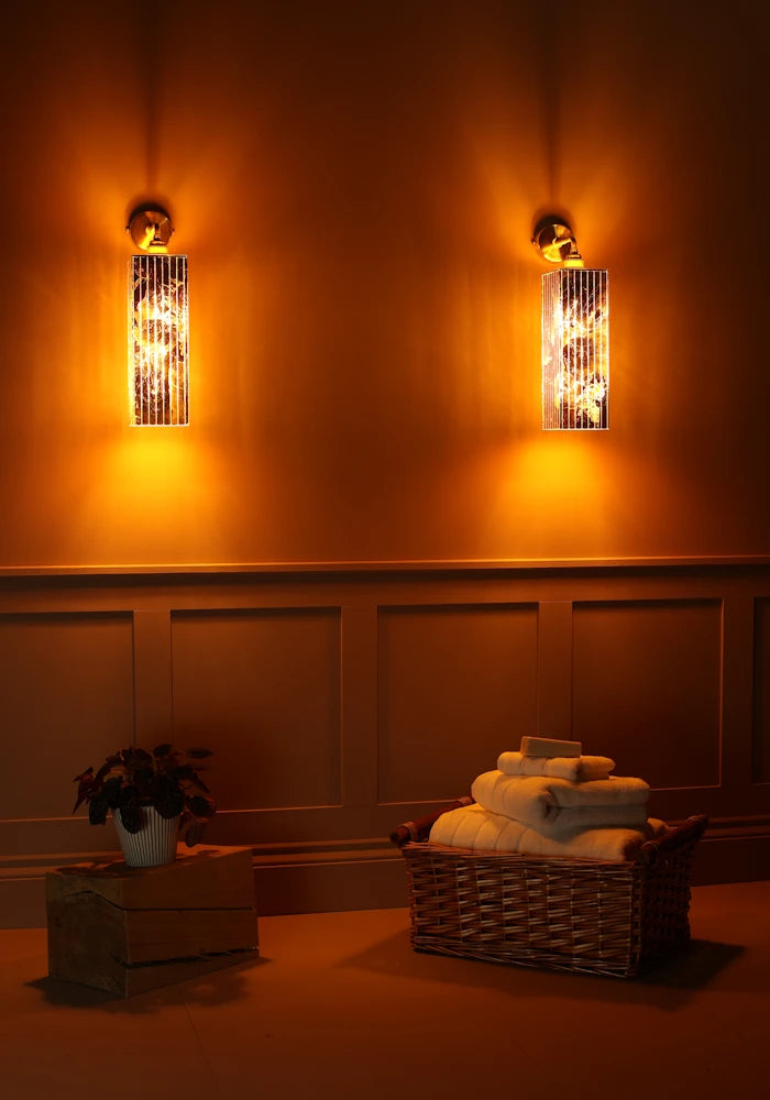 Elegant large ribbed glass ip44 gold leaf bathroom wall light, towels and bathroom decor