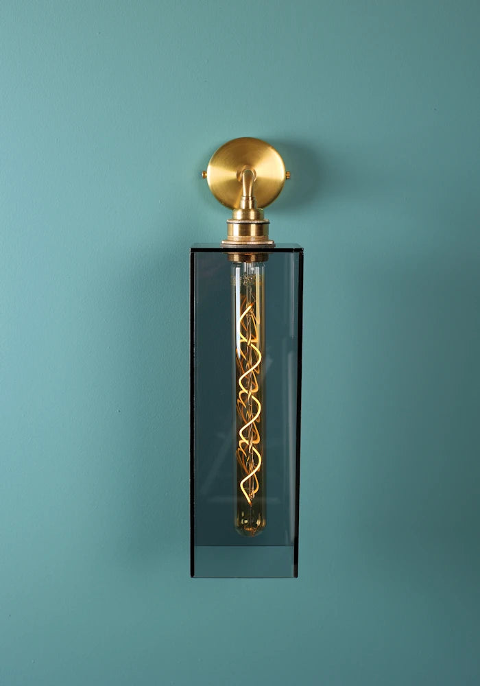 Close up IP44 Elongated large rectangular smoked glass bathroom wall light with brass fixture