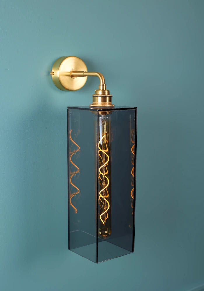 Close up IP44 Elongated large rectangular smoked glass bathroom wall light with brass fixture