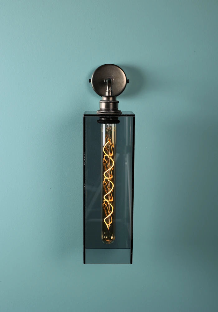 Close up IP44 Elongated large rectangular smoked glass bathroom wall light with bronze fixture
