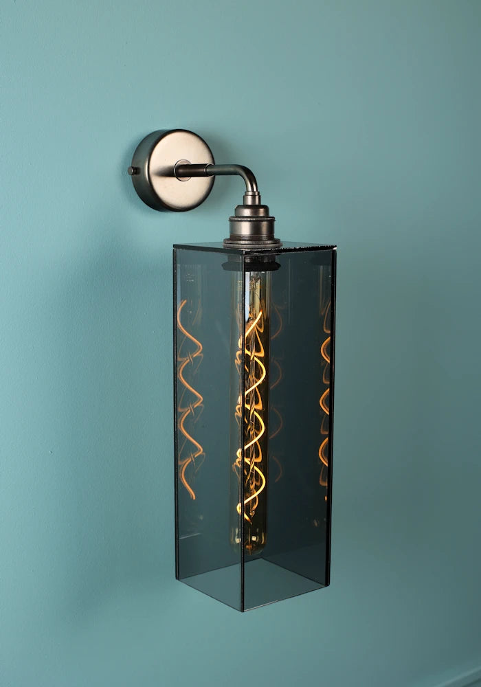 Close up IP44 Elongated large rectangular smoked glass bathroom wall light with bronze fixture