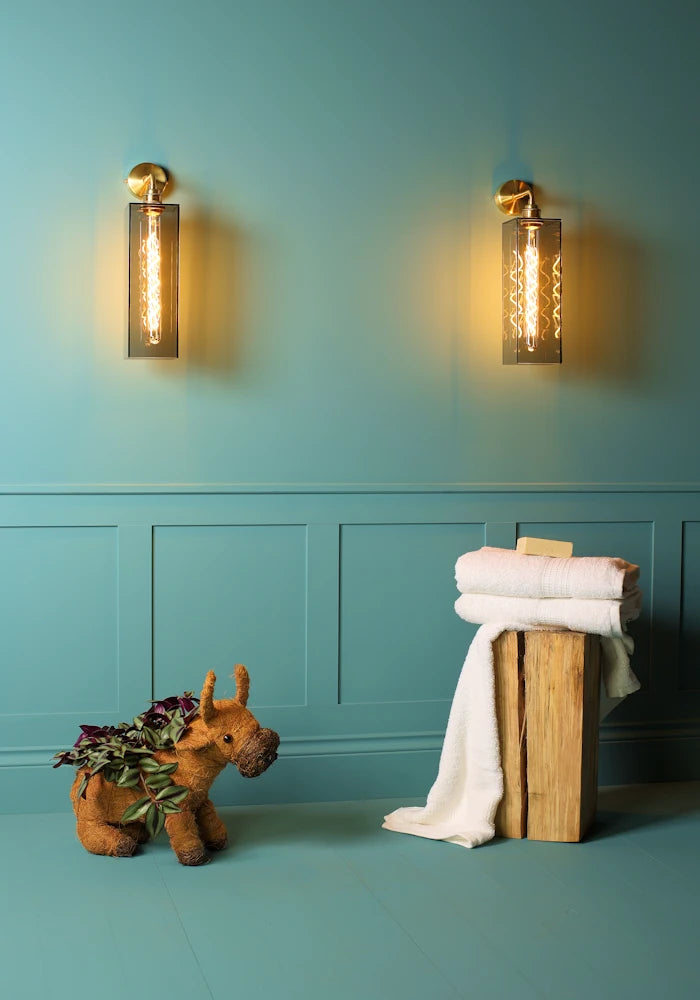 IP44 Elongated large rectangular smoked glass bathroom wall light, towels, bathroom decoration