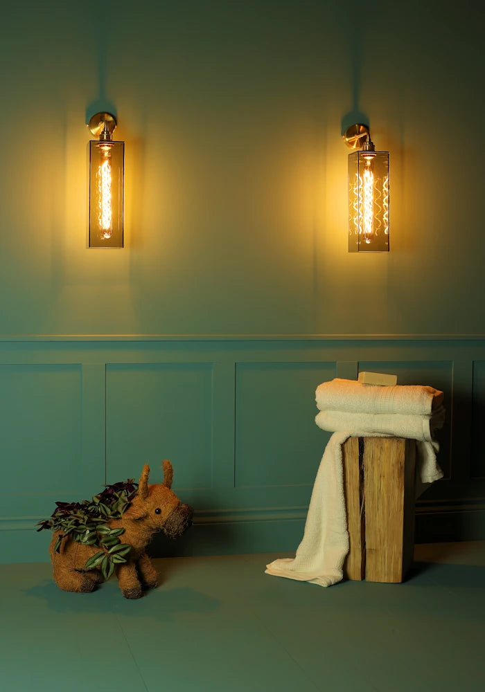 IP44 Elongated large rectangular smoked glass bathroom wall light, towels, bathroom decoration