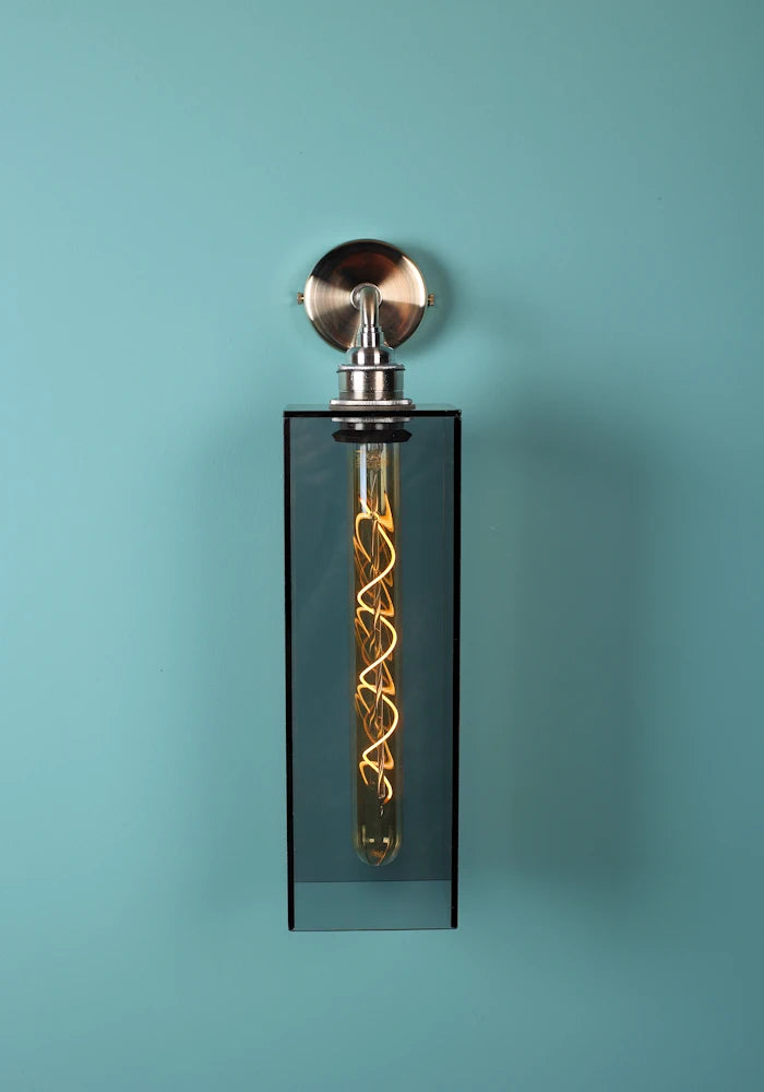 Close up IP44 Elongated large rectangular smoked glass bathroom wall light with nickel fixture