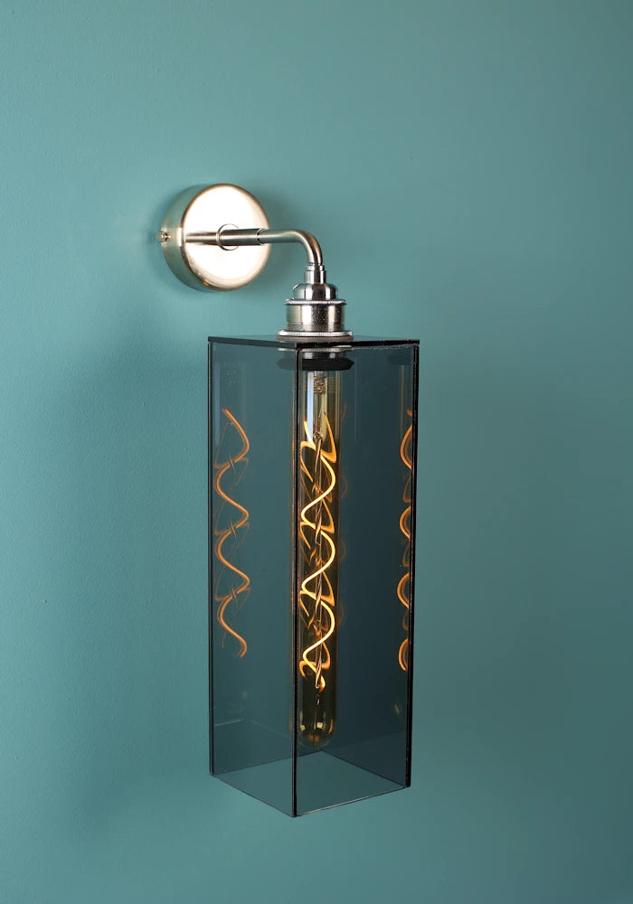 Close up IP44 Elongated large rectangular smoked glass bathroom wall light with nickel fixture