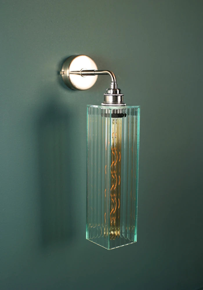 Elegant long fluted glass IP44 bathroom wall light with nickel fixtures