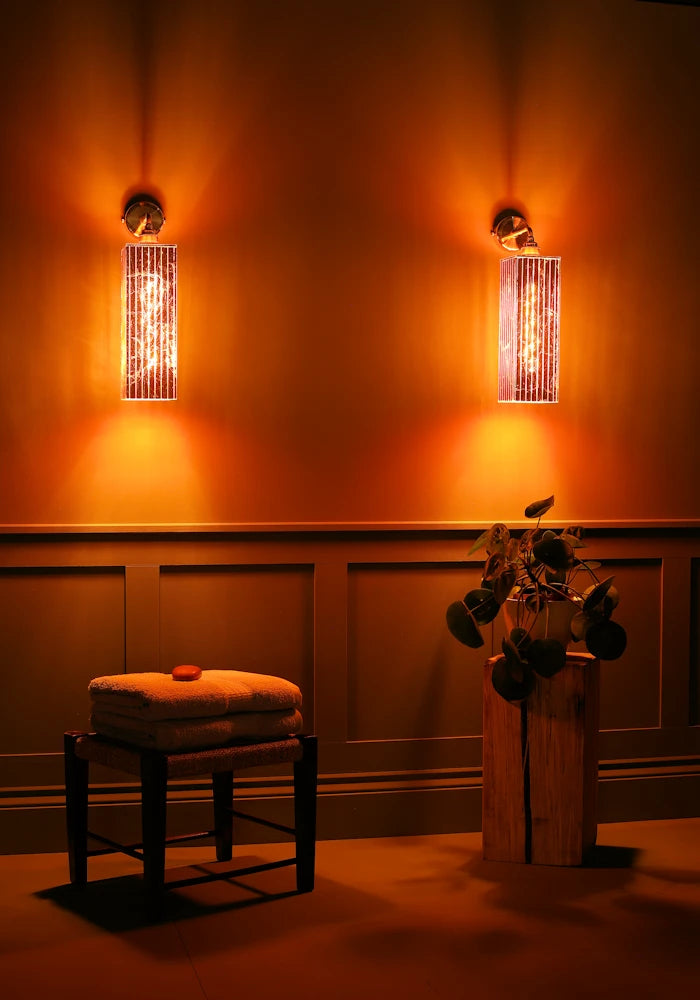 Elegant large copper IP44 bathroom wall lights, towels, bathroom decor 