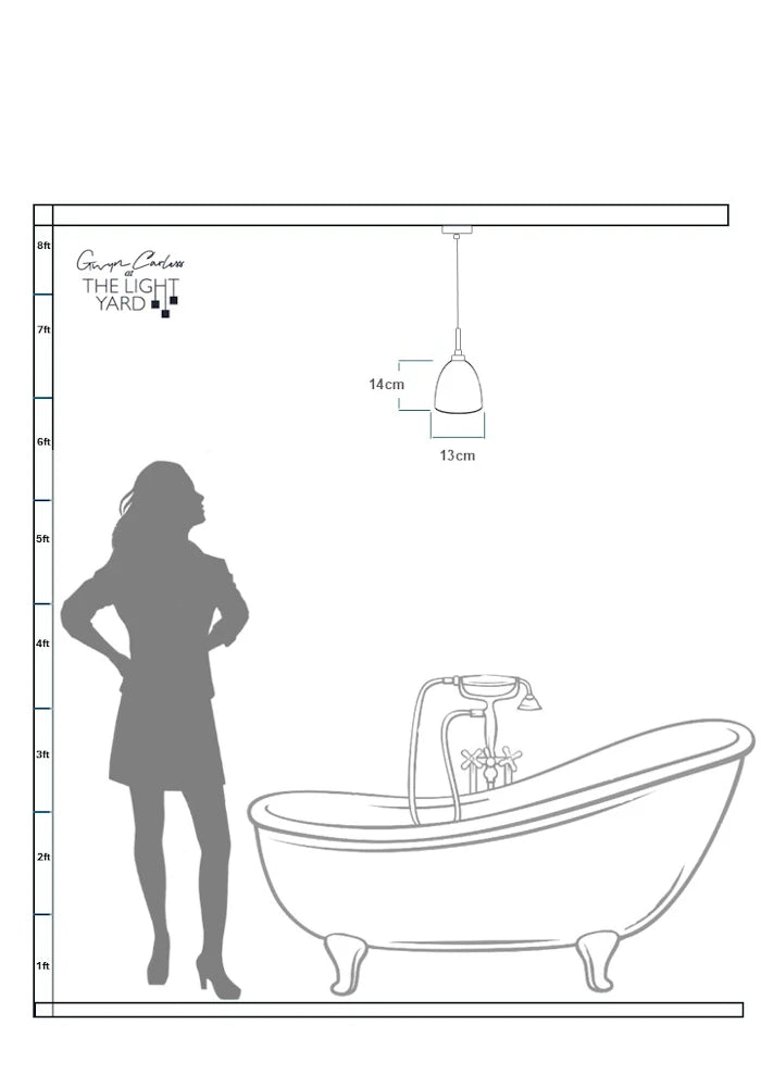 Data sheet of woman figure looking up at small bell bathroom pendant light 