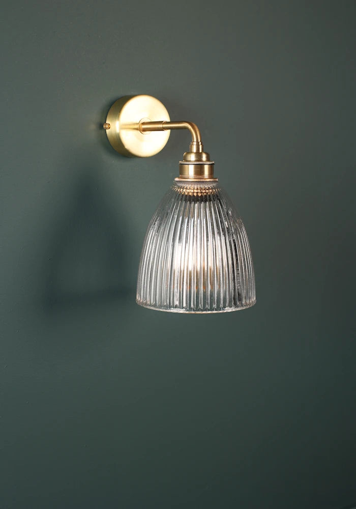 Elegant small bell glass IP44 bathroom wall light with brass fixtures