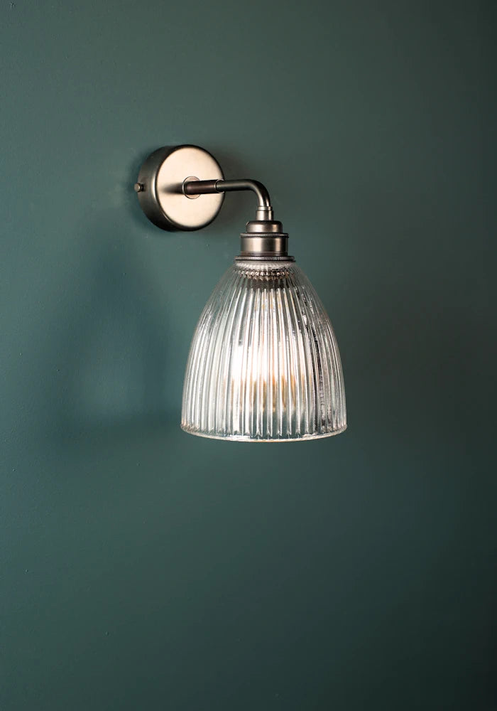 Elegant small bell glass IP44 bathroom wall light with bronze fixtures