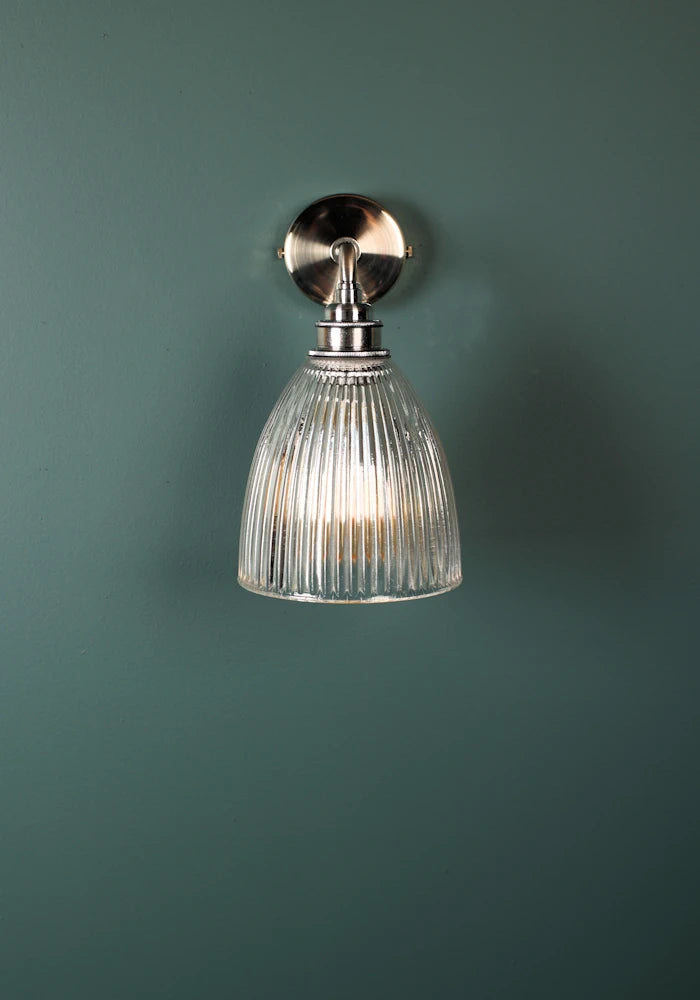 Elegant small bell glass IP44 bathroom wall light with nickel fixtures
