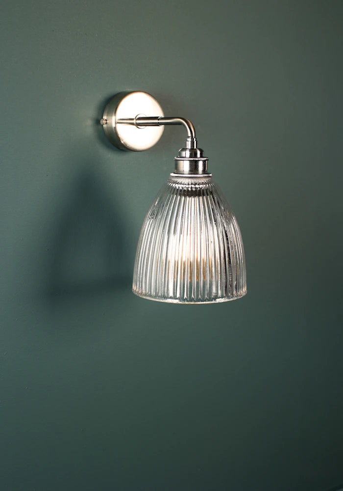 Elegant small bell glass IP44 bathroom wall light with nickel fixtures