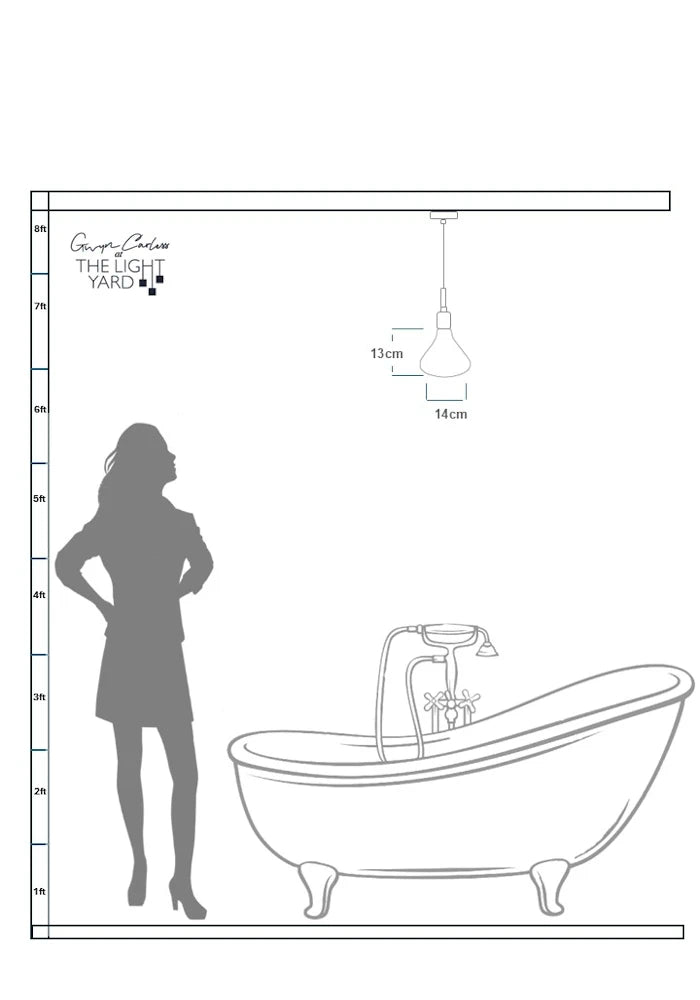 Data sheet sketch of woman looking up at Tala Noma bathroom pendant light.