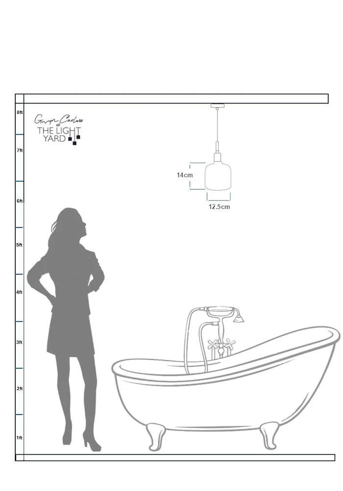 Data sheet sketch of woman looking up at Oblo tala bathroom pendant light.