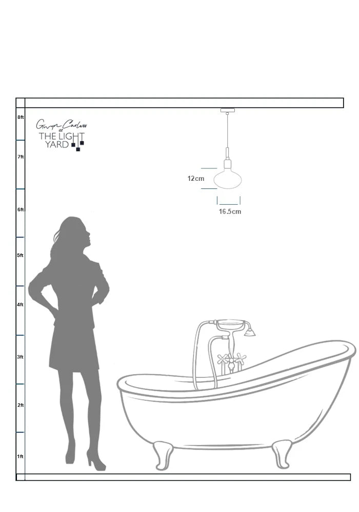 Data sheet sketch of woman looking up at Tala Oval bathroom pendant light.