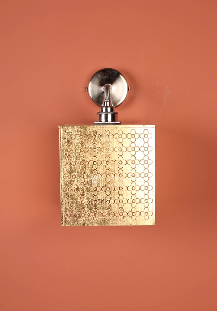 Elegant square Moroccan style gold IP44 bathroom wall light with nickel fixture