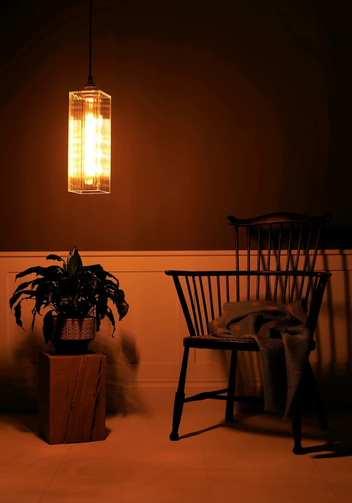 Pendant light fixture casting a warm glow in a dimly lit room with a chair and plant.
