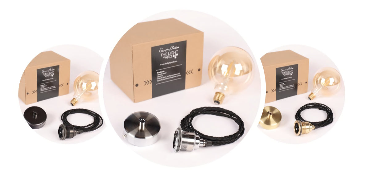 3 pendant cord sets with globe light bulbs and box