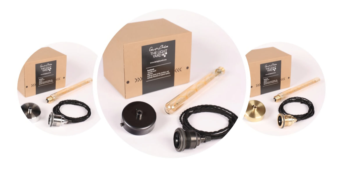 Set of brass instruments and packaging on a white background