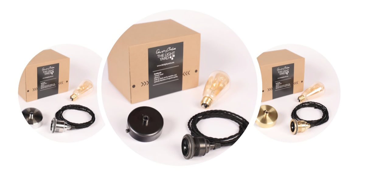 3 pendant cord sets with squirrel light bulb, box on white background