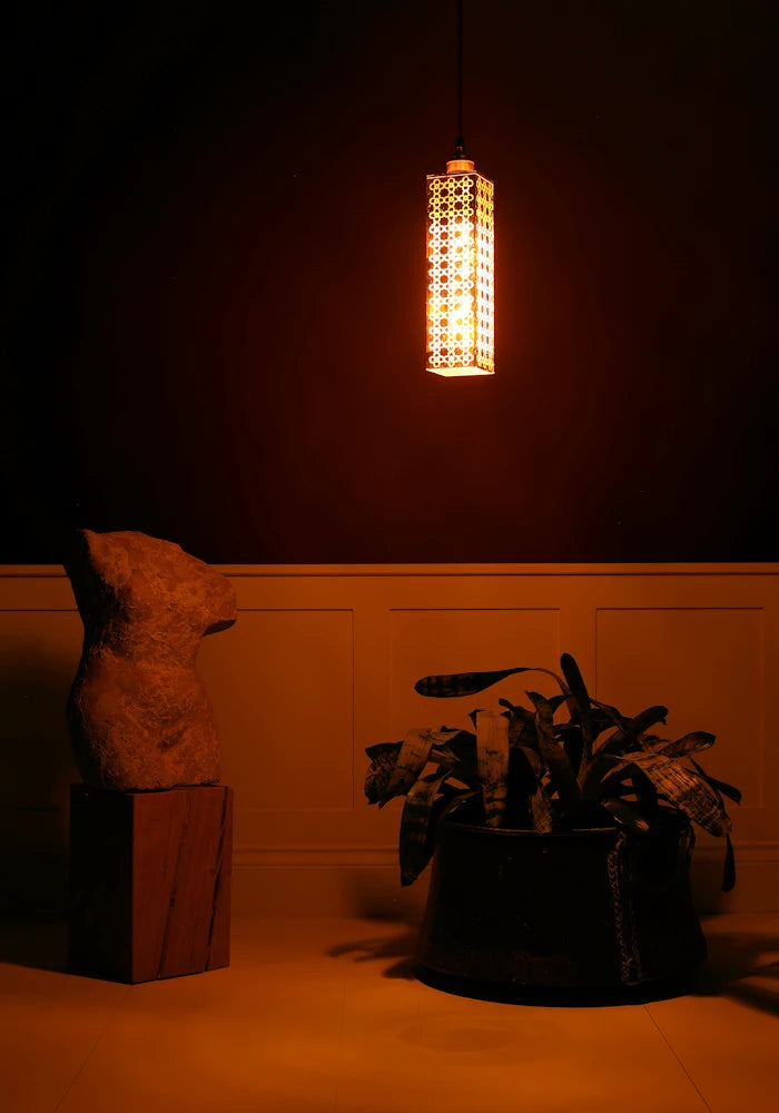 Elegant, rectangular Moroccan style gold pendant light hanging over plant with faux Italian marble bust statue in dimly lit room
