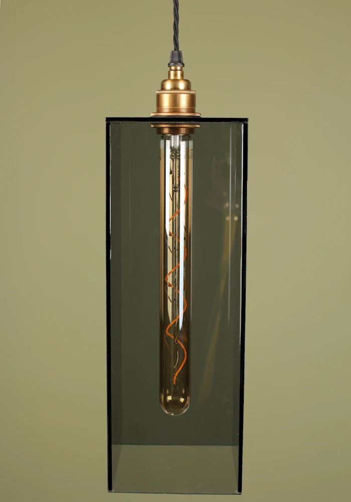 Pendant light with a smoked glass shade and brass lamp holder on a plain background.