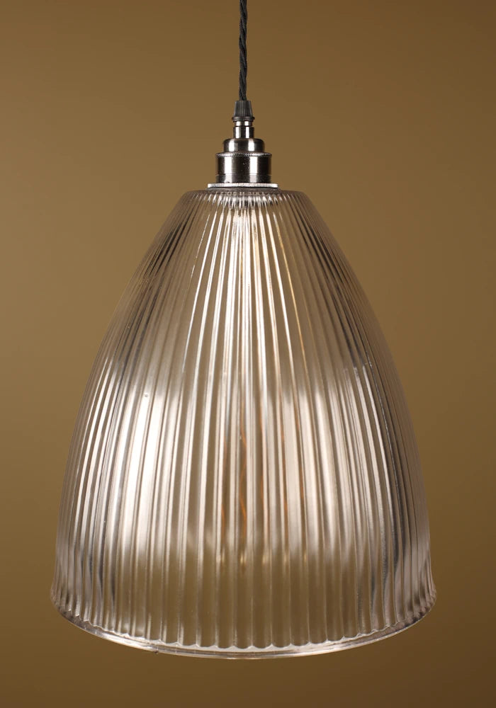 Large statement ribbed glass pendant light with nickel lamp holder, beige background