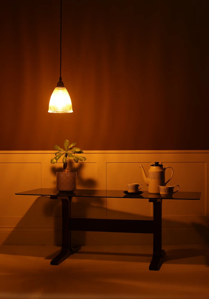 Small bell prismatic pendant light hanging over modern coffee table, plant, coffee pot in dimly lit room