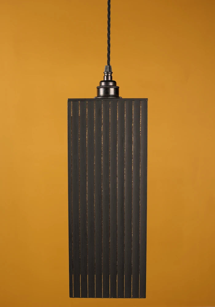 Large black pendant light, bronze lamp holder with mustard coloured background