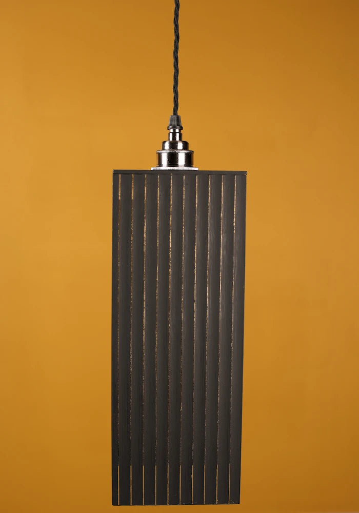 Large black pendant light, nickel lamp holder with mustard coloured background