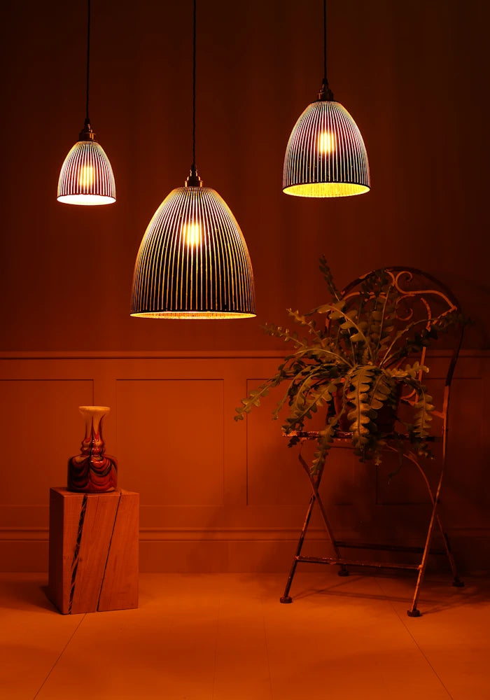 Three pendant lights hanging in a room with warm lighting, a plant, and a wooden table.