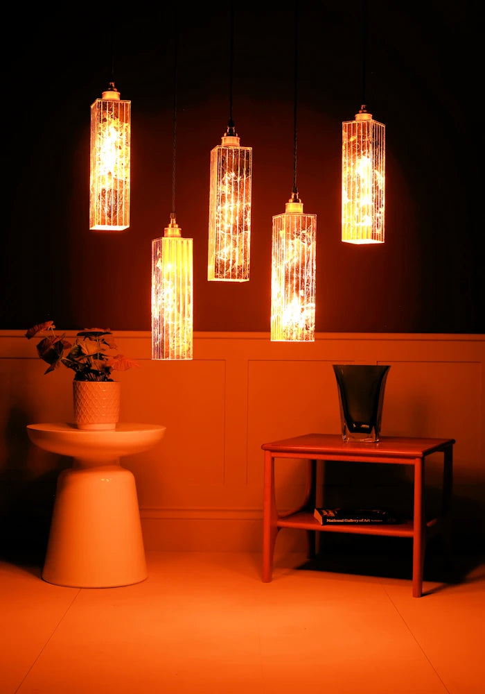 Five pendant lights hanging in a room with a plant and small table.