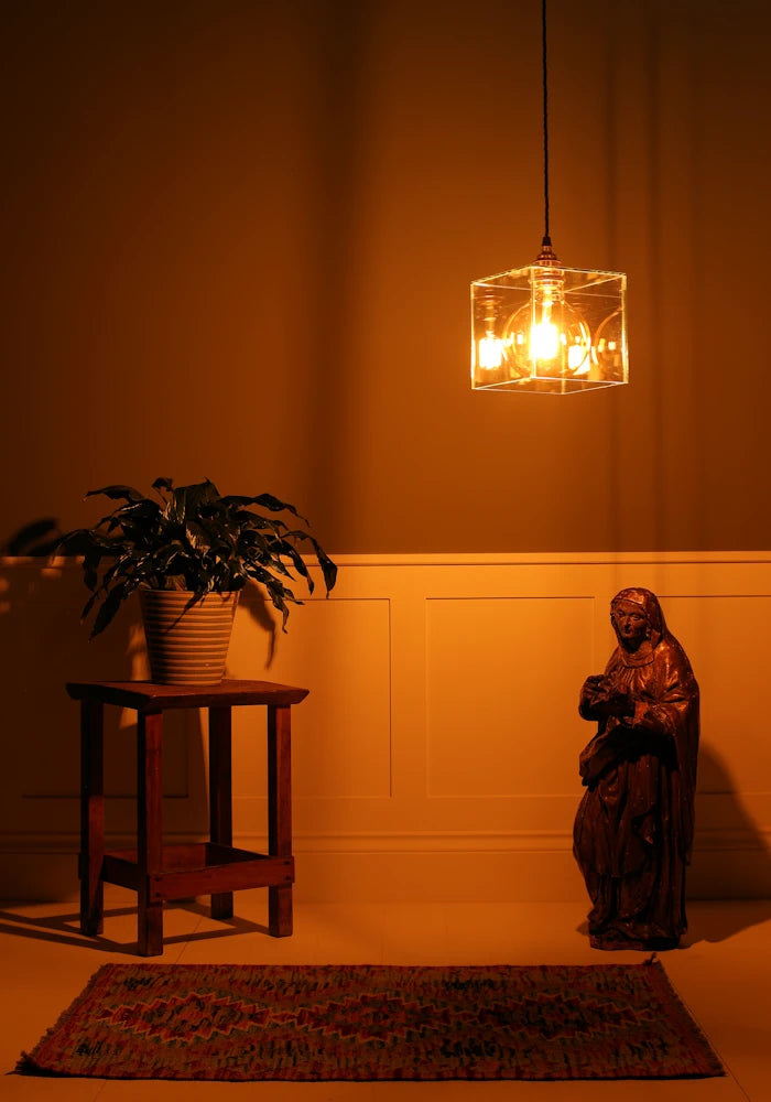 Clear glass cube pendant light, wooden religious statue, pot plant on small table in dimly lit room