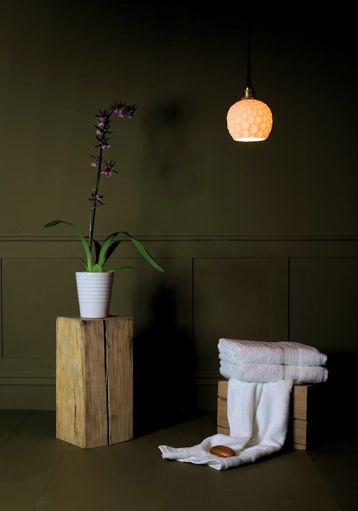 Beehive style porcelain bathroom pendant light with decorative plant and bath towels.