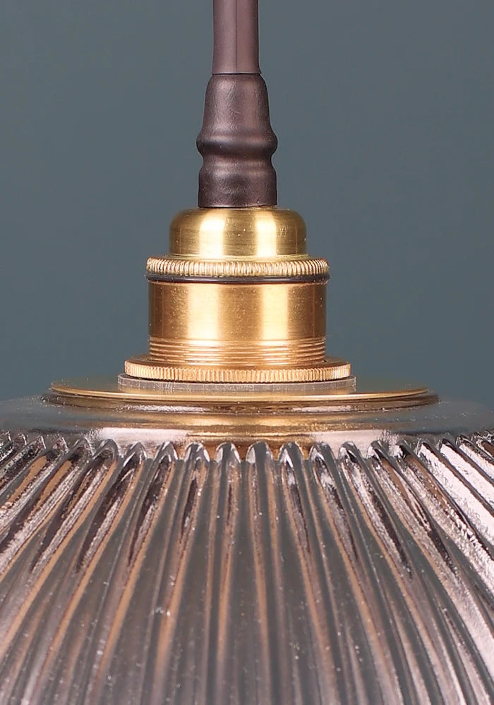 Close up image of brushed brass lamp holder for IP44 bathroom pendant light by The Light Yard 