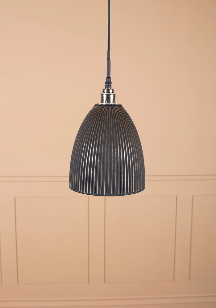 Black bell ribbed glass pendant light with brushed nickel lamp holder and black fabric flex