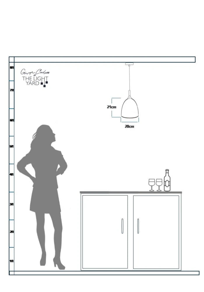 diagram silhouette of woman looking up a pendant light hanging over kitchen cabinet 