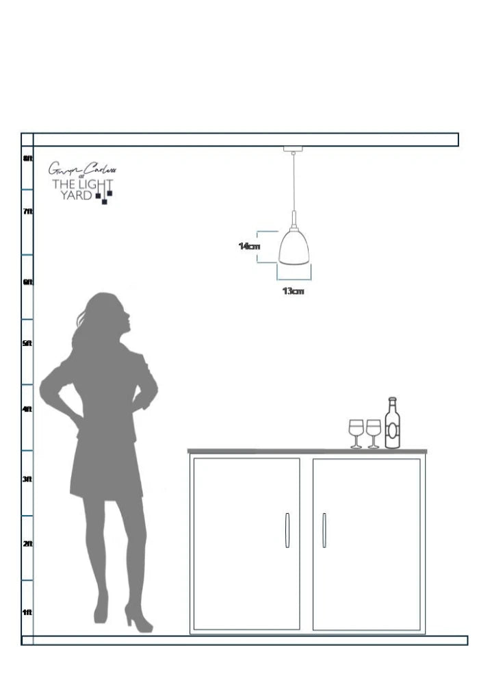 diagram of silhouette of woman looking up a single pendant light hanging over kitchen cabinet